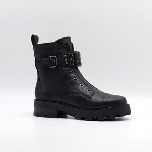 Karl Lagerfeld Paris Women Black Leather Maeva Buckled Combat Booties Size 7M